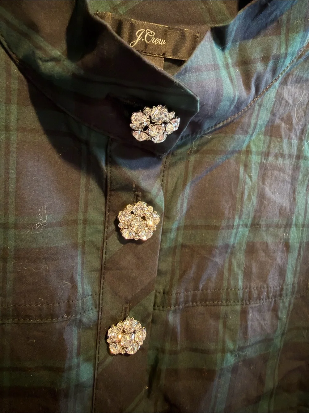 J.Crew Black Watch Plaid Jeweled Button Blouse Size 20 Tartan